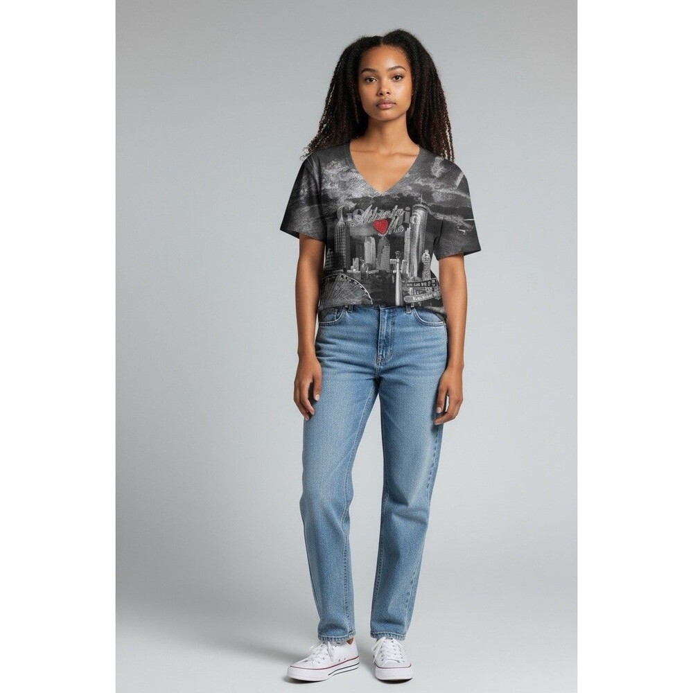 Sweet Gisele Women’s Gray Vneck Tshirt Atlanta City Skyline Gray Rhinestones XL